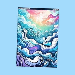 May include: Abstract art print featuring a vibrant, colorful design of swirling water and sky. The artwork uses shades of blue, purple, pink, and yellow. The text "STELLARFOXSTUDIO.ETSY.COM" and "AN-WS130" are visible.