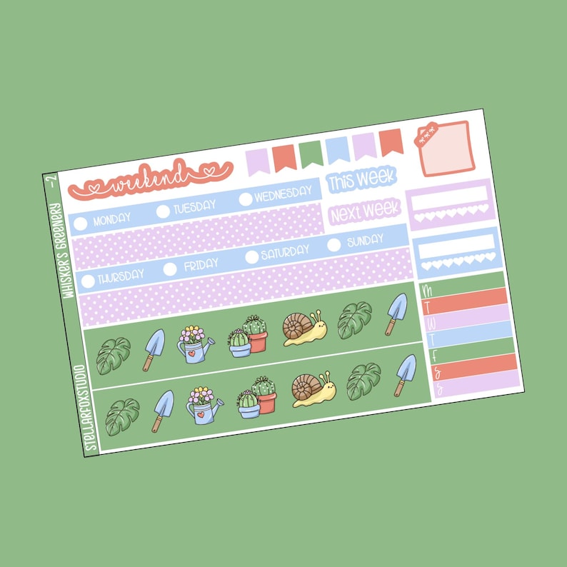 May include: A planner sticker sheet with a green background. The stickers have a gardening theme, with illustrations of plants, snails, and gardening tools. The text includes days of the week and the words "weekend", "this week", and "next week".