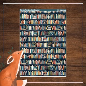 May include: A sticker sheet featuring a detailed illustration of a bookshelf filled with colorful books and potted plants. The background is a dark blue, and the sticker sheet has the text "StellarFoxStudio.etsy.com" and "AN-WS106". A cartoon fox is in the lower left corner.