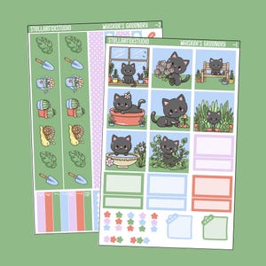 May include: Two sticker sheets with a green background. One sheet features gardening-themed stickers, including watering cans, shovels, and snails. The other sheet has illustrations of black cats in various garden settings, with the text "Whisker's Greenery" and "Stellarfoxstudio".