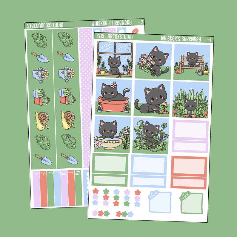 May include: Two sticker sheets with a green background. One sheet features gardening-themed stickers, including watering cans, shovels, and snails. The other sheet has illustrations of black cats in various garden settings, with the text "Whisker's Greenery" and "Stellarfoxstudio".