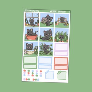 May include: A sticker sheet featuring a grid of cartoon black cats in various poses with plants and flowers. The sheet includes the text "STELLARFOXSTUDIO" and "WHISKER'S GREENERY". There are also decorative stars and boxes in pastel colors.