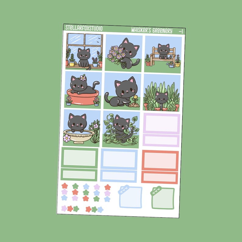 May include: A sticker sheet featuring a grid of cartoon black cats in various poses with plants and flowers. The sheet includes the text "STELLARFOXSTUDIO" and "WHISKER'S GREENERY". There are also decorative stars and boxes in pastel colors.