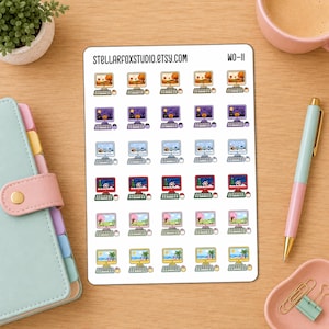 May include: A sticker sheet featuring rows of small computer icons with seasonal screen displays, including autumn, Halloween, winter, Christmas, spring, and summer themes. The text STELLARFOXSTUDIO.ETSY.COM and WO-11 are printed at the top of the sheet.