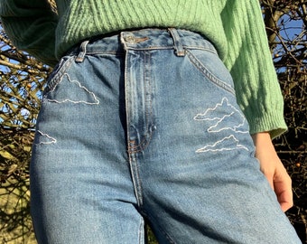 Hand Embroidered Cloud Mom Jeans *Custom Size*