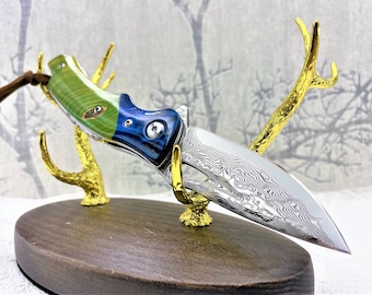 VG10 Damascus Folding Knife, Handmade Pocket Knife, 67 Layer Damascus, Stabilized Wood Handle, Camping Outdoor, Premium Gift Men, MADKNIFE