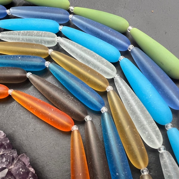 Long Teardrop beads, Cultured sea glass beads, Frosted glass beads, size 38x8mm, quantity 2 beads