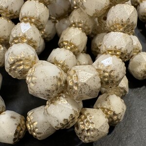 Beige cathedral beads, czech glass beads, crown gold finish, size 8mm, quantity 15 beads