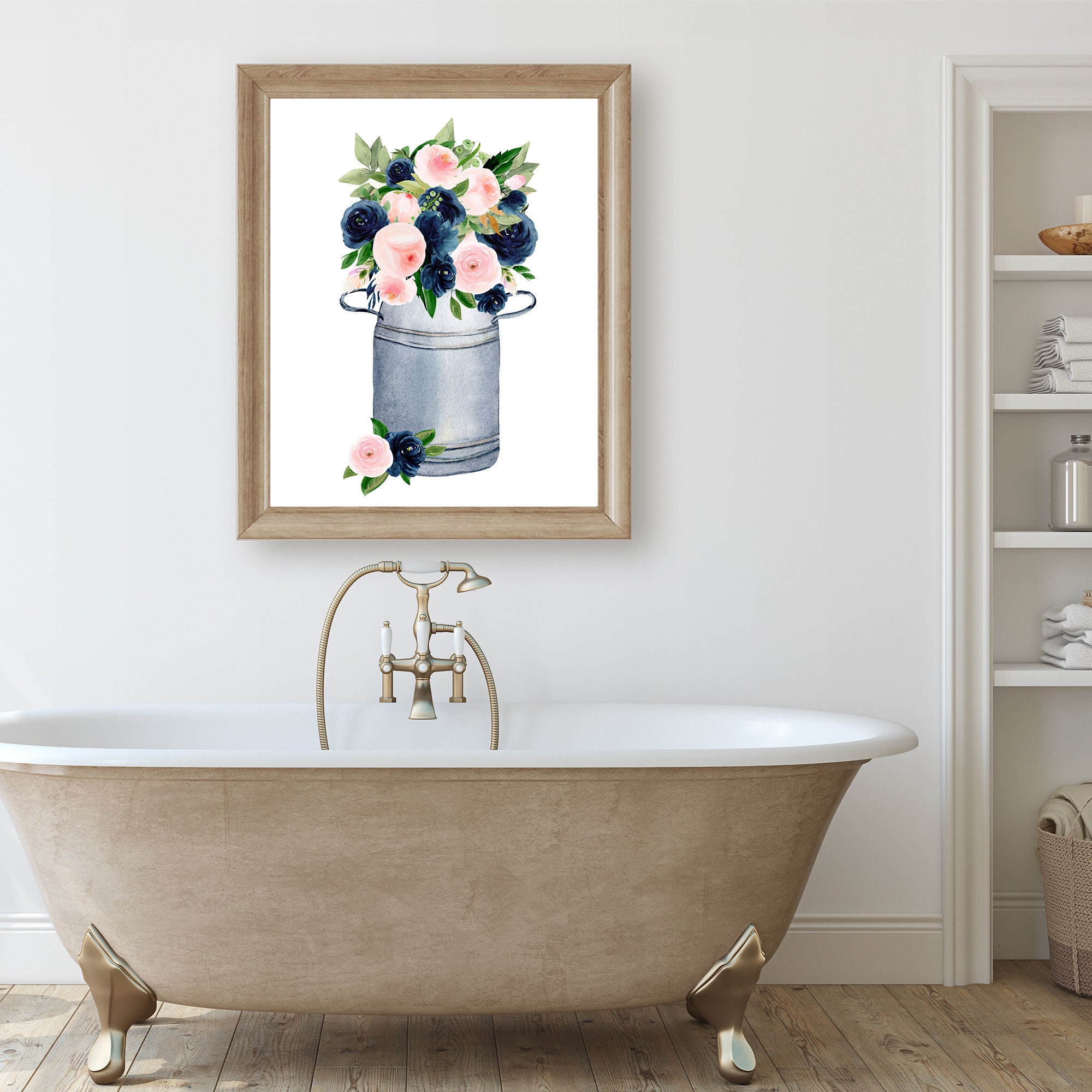 Navy Flower Art Navy Flower Wall Art Navy and Pink Wall Etsy