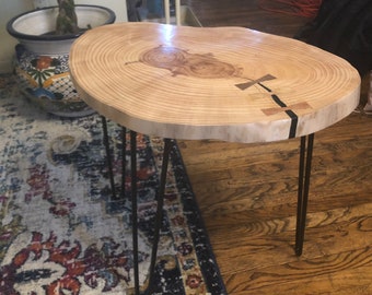 Live edge wood and epoxy side table