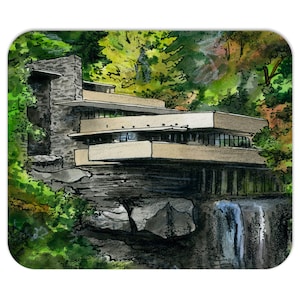 May include: A watercolor painting of a modern house built into a cliffside with a waterfall cascading down the rocks. The house is light beige with dark windows and a stone chimney. The surrounding trees are green and lush.