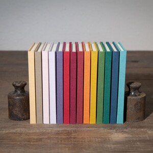 Op de afbeelding: Een rij van 14 kleurrijke hardcover notitieboekjes met linnen omslagen, gerangschikt op een houten oppervlak. De notitieboekjes zijn in verschillende tinten beige, roze, paars, rood, bruinrood, oranje, geel, groen, blauw en turquoise.