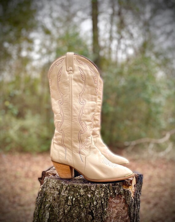 Sz 7.5 - ACME Leather Boots - Cream Metal Toe Cap