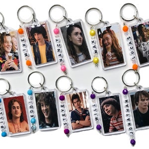 STRANGER | THINGS KEYCHAIN + Add Name Beads Charm | Eleven Mike Steve Eddie Billy Will Dustin Lucas Jonathan Nancy Max | Photo Key Chain