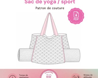 May include: A sewing pattern for a yoga and sports bag titled HUAHINE. The illustration shows a tote bag with light pink straps and a white fabric body featuring a black fan-shaped pattern, with a rolled yoga mat held horizontally.