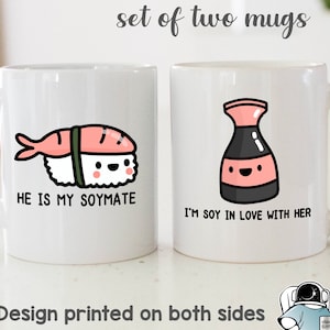 Couples Wife Husband Boyfriend Girlfriend Anniversary or Wedding Gift, Sushi Soymates Matching Coffee Mug Set