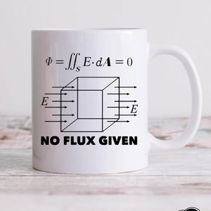 May include: White ceramic mug with a black graphic of a cube with arrows and the text "NO FLUX GIVEN". The mug also features mathematical equations. The design is printed on both sides.