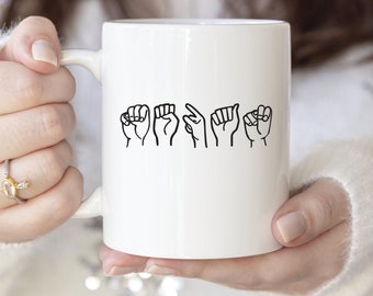 Sign Language Mug, ASL Gift, ASL Sign Language Personalized Name Coffee Mug, Custom Deaf Fingerspelling Gift