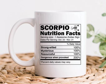 Informazioni nutrizionali sullo zodiaco Scorpione: tazza da caffè, regali per Scorpione, tazze per Scorpione, regalo di compleanno con oroscopo e astrologia