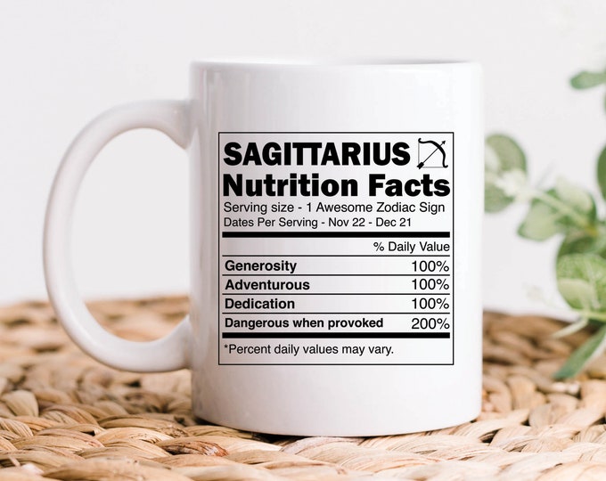 Regalos de Sagitario, Tazas de Sagitario, Taza de café con información nutricional del Zodíaco de Sagitario, Regalo de horóscopo y astrología