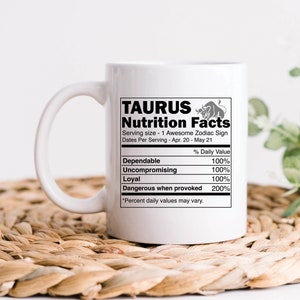 Caneca de café com fatos nutricionais do zodíaco de Touro, presentes de Touro, canecas de Touro, presentes de aniversário de Touro, presente de astrologia do horóscopo