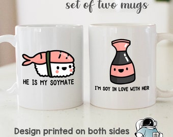 Sushi Soymates Matching Coffee Mug Set, Couples Gifts, Wife Husband Boyfriend Girlfriend Anniversary or Wedding Gift, Sushi Coffee Mugs
