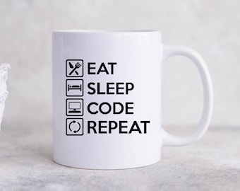 Eet slaapcode herhalen koffiemok, coderingsgeschenken, informaticamok, computercoder geschenken, programmering koffiemok, ontwikkelaarcadeau