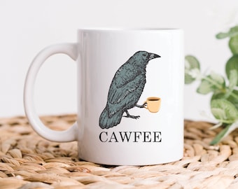 Crow Mug, Crow Gifts, Cawfee Crow Coffee Mug, Funny Bird Lover Art Gift