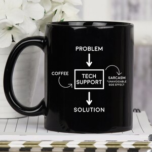Könnte beinhalten: Schwarze Kaffeetasse mit einer weißen Grafik eines Flussdiagramms. Das Flussdiagramm zeigt die Schritte des technischen Supports: Problem, Kaffee, technischer Support, Sarkasmus (unvermeidlicher Nebeneffekt) und Lösung.