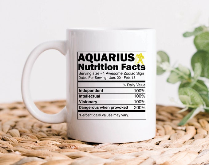 Taza de Acuario, regalo de cumpleaños de Acuario, taza de café con información nutricional del zodíaco de Acuario, regalo de horóscopo y astrología