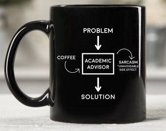 May include: Black ceramic mug with white text and graphics. The design includes the words "Problem," "Academic Advisor," "Solution," and "Sarcasm *Unavoidable Side Effect." A diagram shows the relationship between coffee and the academic advisor. The mug's design is printed on both sides.