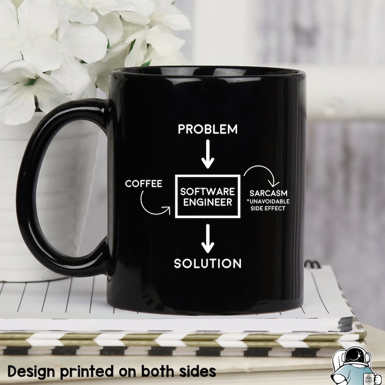May include: Black coffee mug with a white graphic of a flowchart. The flowchart shows the steps to solve a problem: problem, coffee, software engineer, sarcasm (unavoidable side effect), solution.