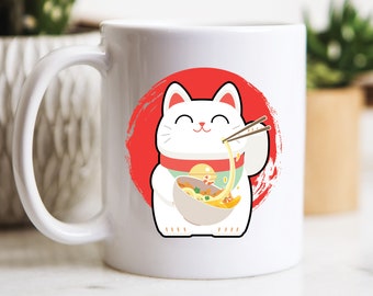 Cat Gifts, Ramen Gifts, Ramen Art, Ramen Cat Kawaii Coffee Mug, Funny Kitten and Japanese Noodles Gift