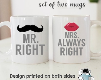 Mr Right and Mrs Always Right Matching Coffee Mug Set, Funny Husband and Wife Gifts, Boyfriend Girlfriend Gifts, Anniversary Wedding Gifts