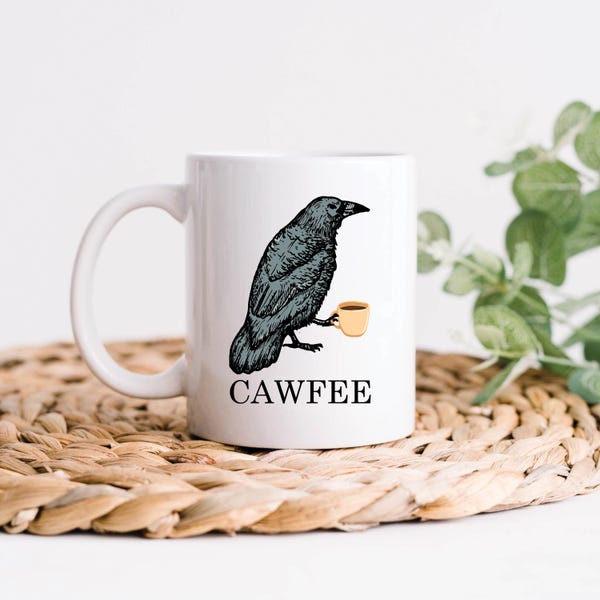 Taza de cuervo Cawfee, Taza de cuervo, Regalos de cuervos, Regalo artístico divertido para amantes de las aves, Tazas de pájaros, Regalos de pájaros, Tazas de café de pájaros, Arte de pájaros, Arte de cuervos