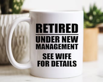 Gepensioneerd onder nieuw management koffiemok, pensioencadeaus, pensioenmokken, pensioenfeestcadeau