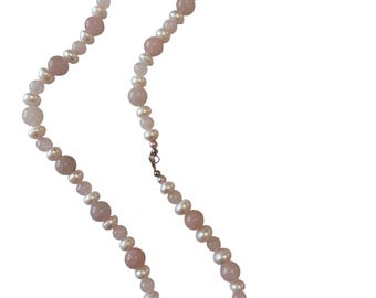 Vintage Rose Quartz and Freshwater Pearl Necklace – 32 Inches, 150 g