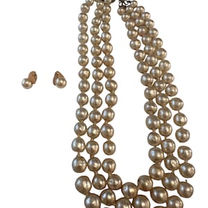 Vintage 1950s Faux Pearl Necklace & Clip‑On Earring Set – Classic Multi‑Strand Statement Jewelry