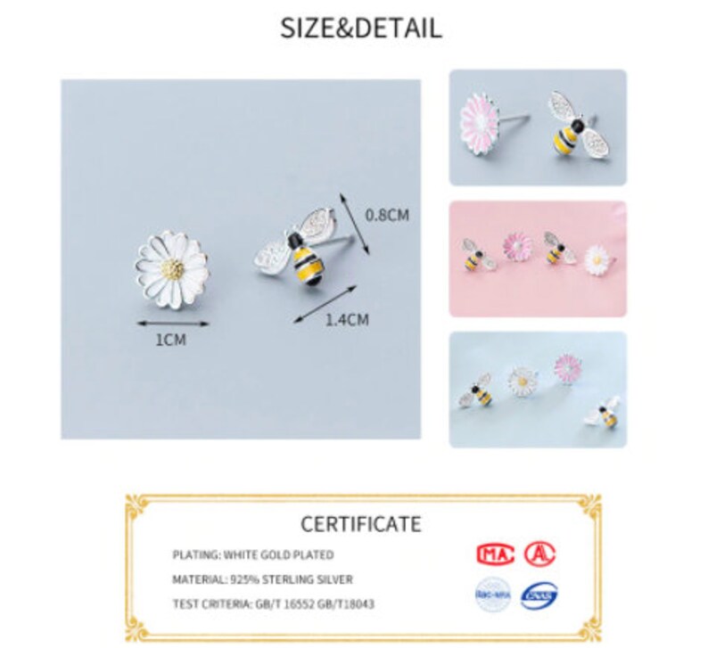 Women/'s Dainty Yellow Flower Bee Nature Animal Stud Earrings Flower Studs 925 Sterling Silver Bee