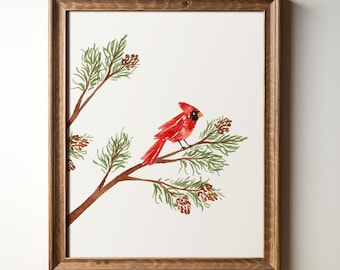 Cardinal Art Print, Watercolor Cardinal Bird Painting, Christmas Cardinal Wall Art, Cardinals on Pine Tree Holiday Bird Artwork Gift