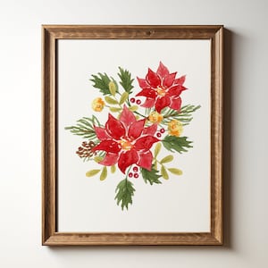 Christmas Floral Art, Watercolor Poinsettia, Holly, Pine Print, Holiday Wall Art, Christmas Painting Gift, Holiday Flowers Art Gift