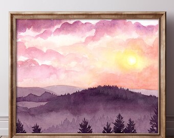Sunset Mountains Art Print, Watercolor Purple Mountains Landscape Painting, Sunrise Over Hills Natural Wall Art, Moody Forest Painting