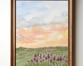 Wildflower Meadow Art Print, Watercolor Wildflowers Painting, Purple Foxglove Spring Floral Wall Art Decor, Hand-Painted Landscape Scenery