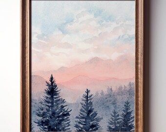 Mountain Art Print, Watercolor Pink Mountains Painting, Landscape Wall Art, Wilderness Illustration for Nursery, Print of Original Painting