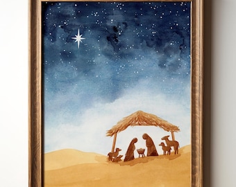 Nativity Art Print, Watercolor Nativity Painting, Christmas Manger Scene, Christmas Art Gift, Christian Wall Art