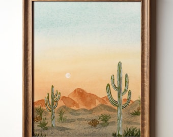 Desert Art Print, Watercolor Cactus Artwork & Mountain Landscape Painting, Boho Desert Print, Sunrise Wall Art Print of Original Painting