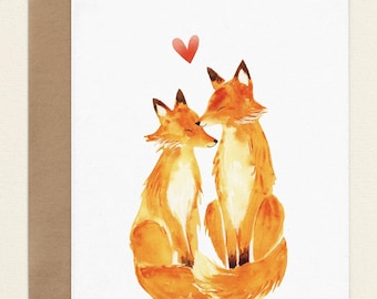 Valentine's Day Fox Cards, Watercolor Foxes Cards, Cute Anniversary Card, Love You Greeting Cards, Blank Folded Note Cards with Envelopes