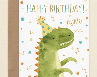 Dinosaur Birthday Card, Watercolor Dinosaur Cards for Children, Cute Kid's Birthday Card Set, Folded A2 Blank Dino T-Rex Card for Boys Girls