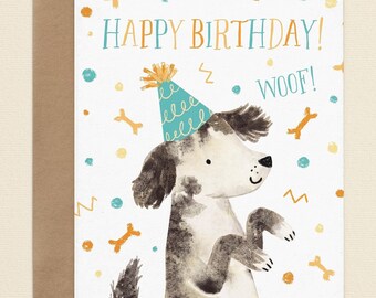 Dog Birthday Card, Cute Kid's Birthday Cards, Watercolor Animal Happy Birthday Illustrated Cards for Children, Dog Mom, Dog Dad Gift