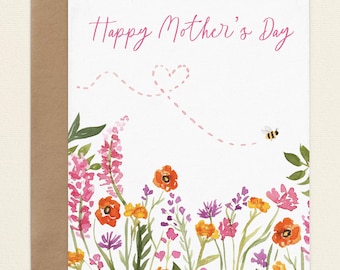 Happy Mother's Day Card, Wildflowers Floral Garden Card for Mom, Watercolor Art Illustrated Note Card Set, A2 Blank Folded Card and Envelope